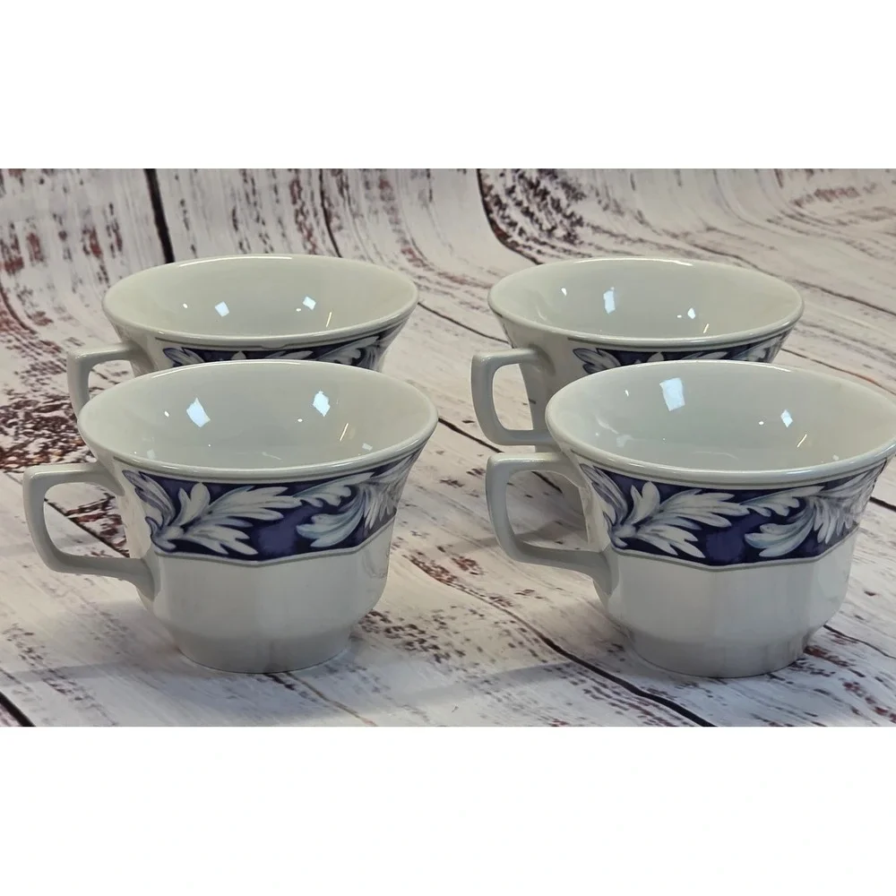Wedgwood Laurel Tea Cup Set 4 White Blue Good English Earthenware Leaf Pattern